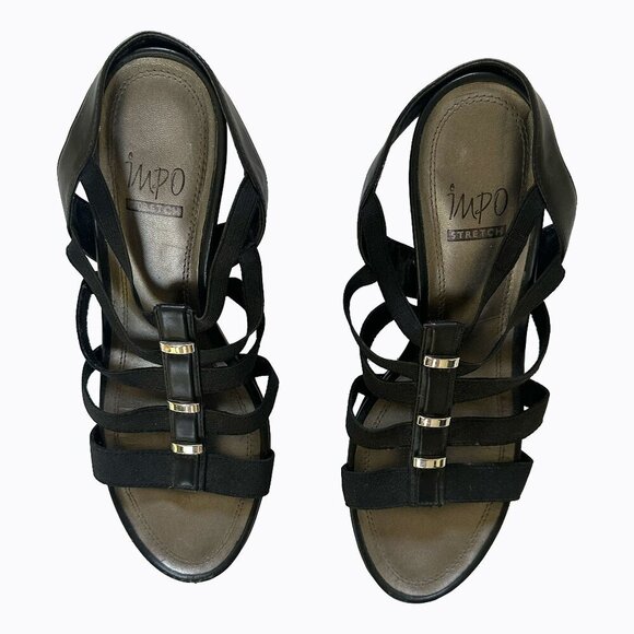 Impo Viera Stretch Black Wedge Strappy Sandals 8.5 M Silver Embellished Open Toe - Picture 10 of 10